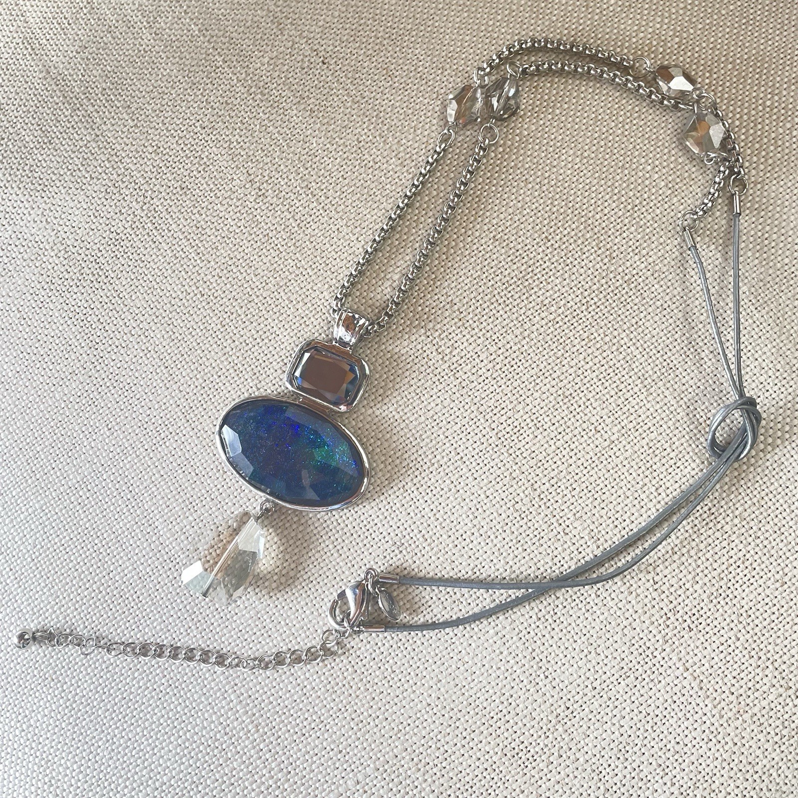 Chico’s Silver Tone Textured Chain Gray Cord Blue Jewel Charm Necklace Chic 34”