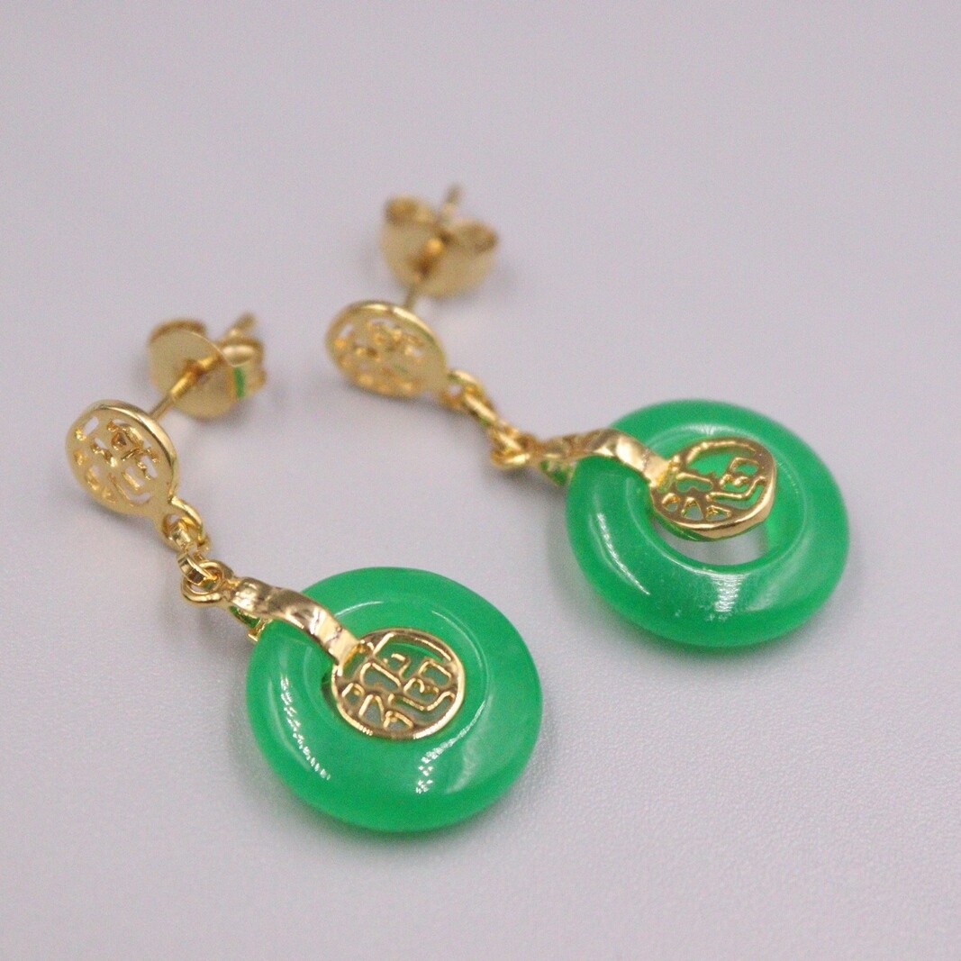 18K GP Alloy Heating Jade Earrings Drop For Women Green Circle 福 Earrings Hook