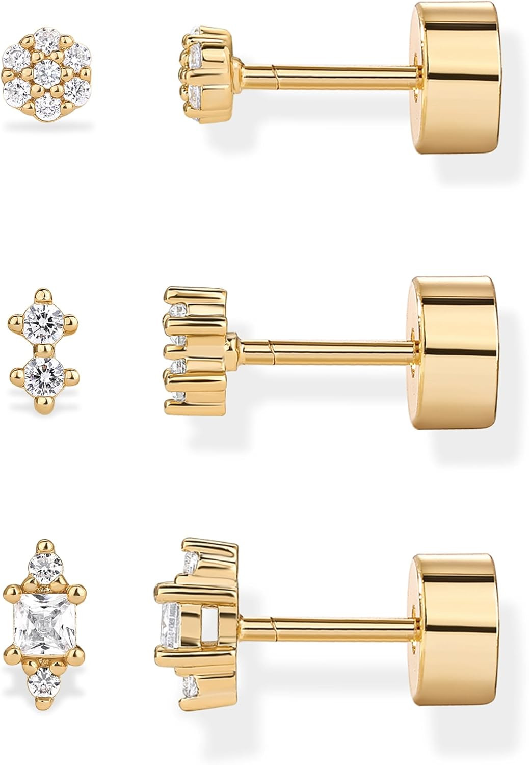 14K Gold Plated Sterling Silver Posts Dainty Mini Multi-Shape Flat Back Stud Ear