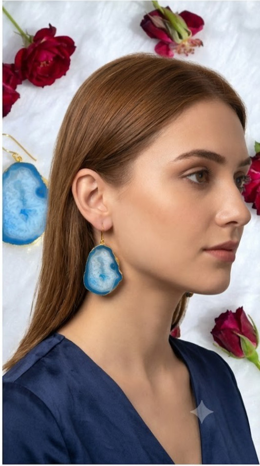 124Cts. Sea Blue Natural Dyed Electroplated Druzy Agate Earrings Jewelry-S29
