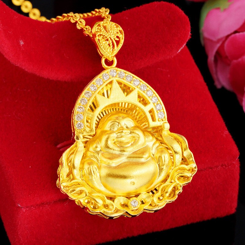 3A zircon inlaid Maitreya Buddha 24K Thai Baht Yellow Gold GP Necklace 18‘’
