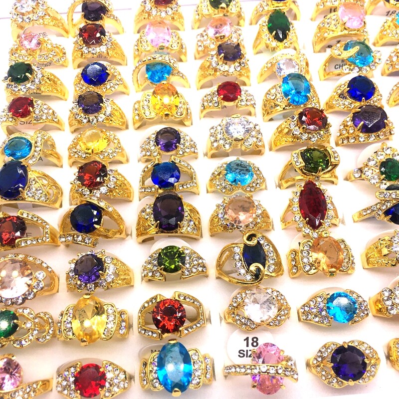 20pcs Women Rings Gold Plated Hand Inlay Rhinestone Zircon Jewelry Wholesale Lot