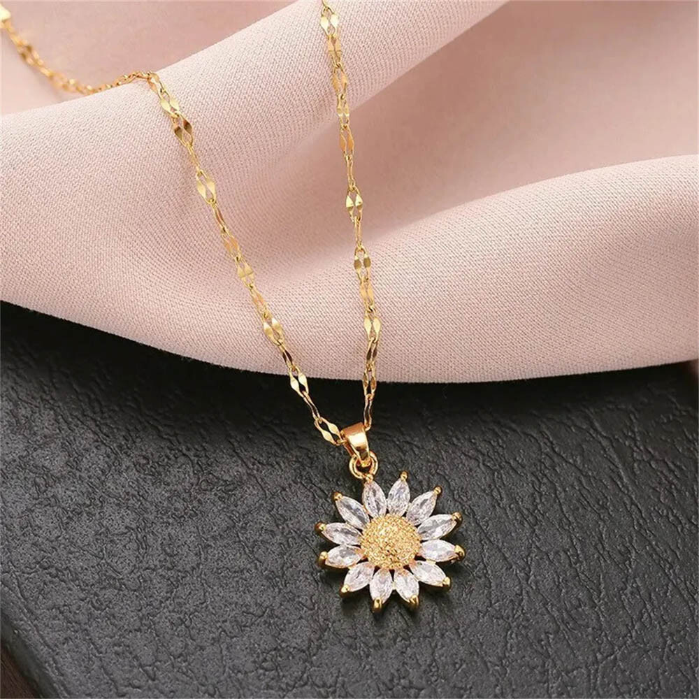 Gold Tone Sunflower Pendant Necklace – Crystal Accents, 16″+2″ Fancy Chain