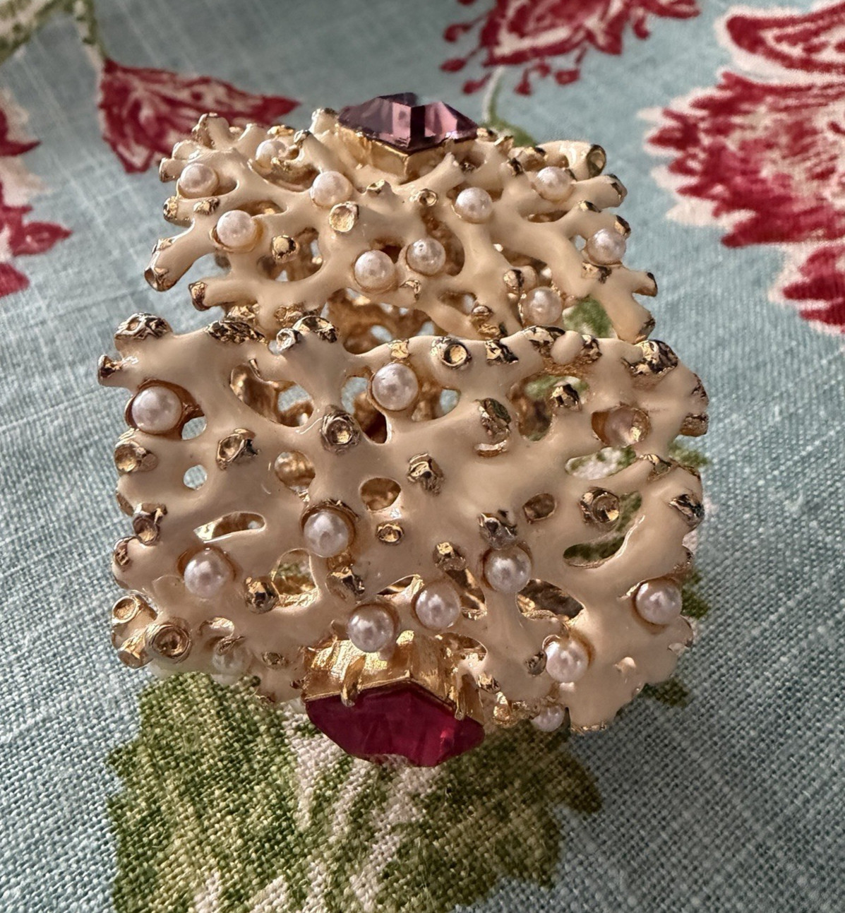 KJL Kenneth Jay Lane Rhinestone White Enamel Coral Hinged Cuff Bracelet