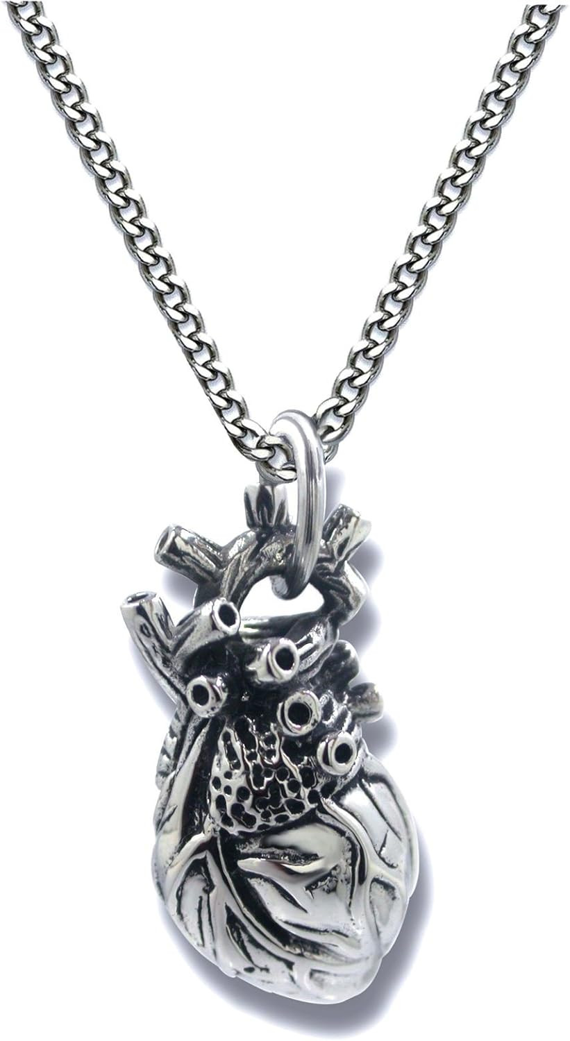 Anatomical Heart Necklace Man or Woman 3D Pendant Oxidized Antique-Finish Stainl