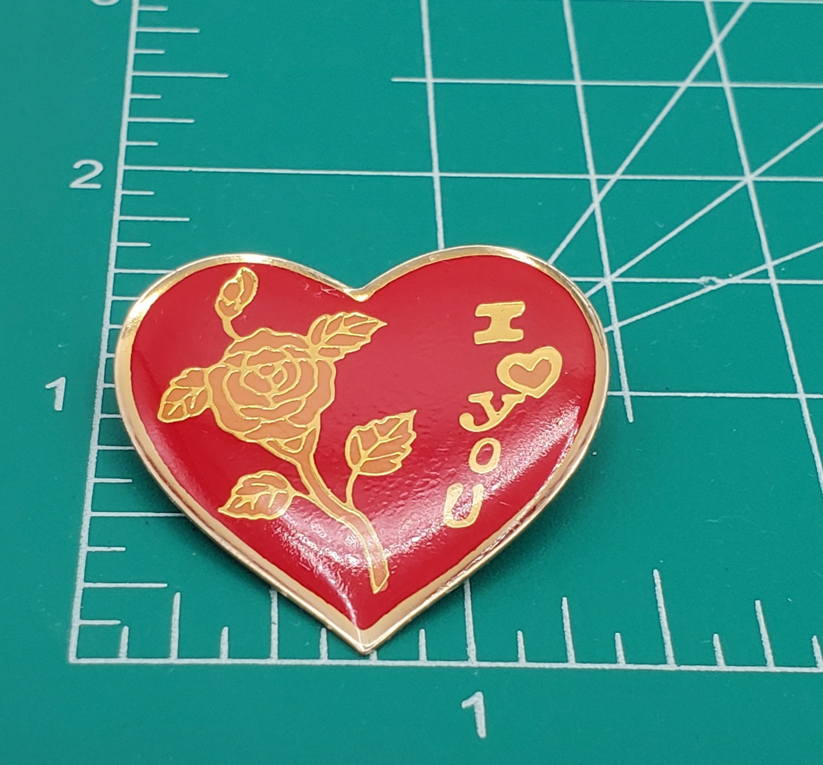 I Heart You Rose Pin 1.25in Red Gold Tone Enamel I Love You VTG Estate Brooch