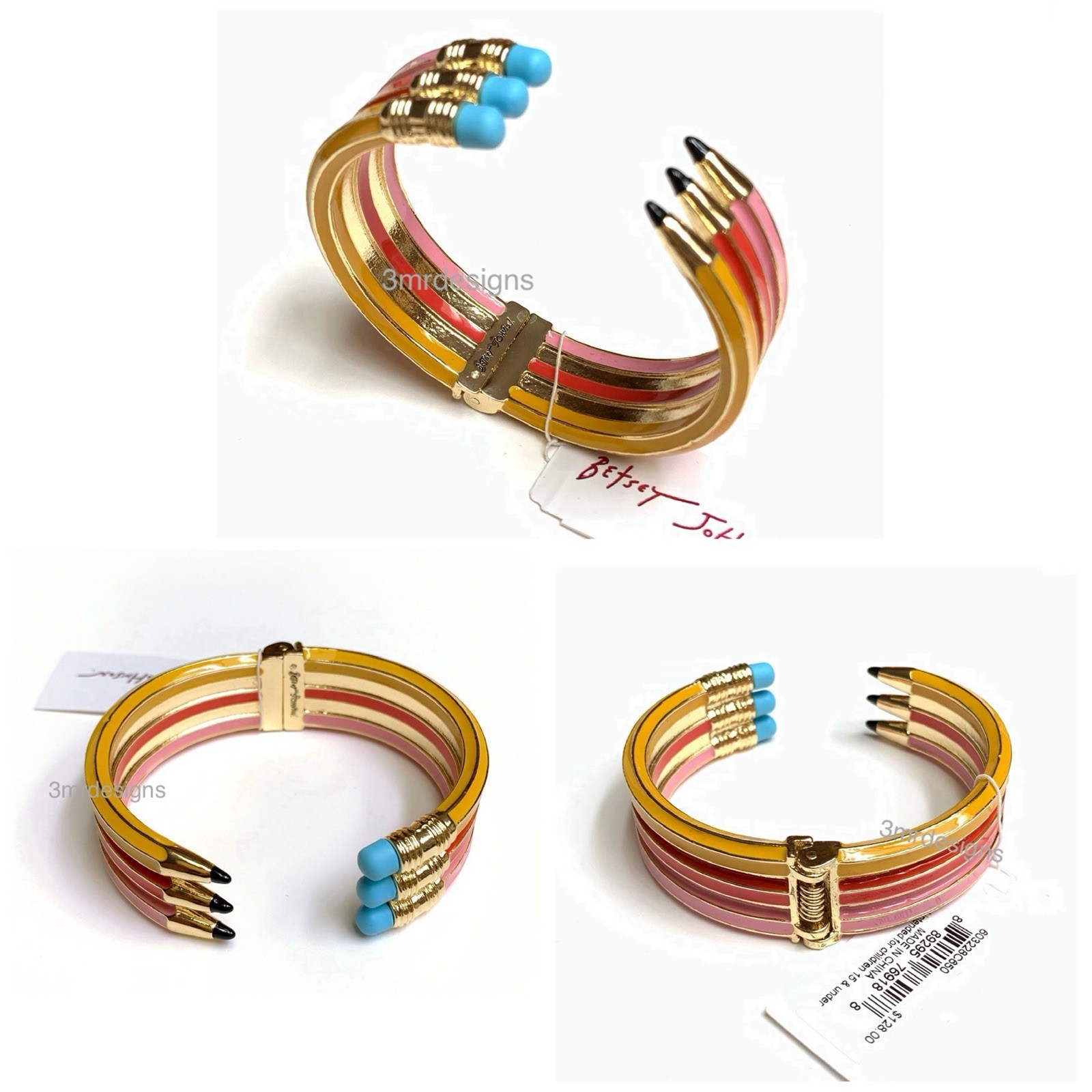 NWT Betsey Johnson TRIPLE PENCILS Gold Tone Colorful Enamel Bold Hinge Bracelet