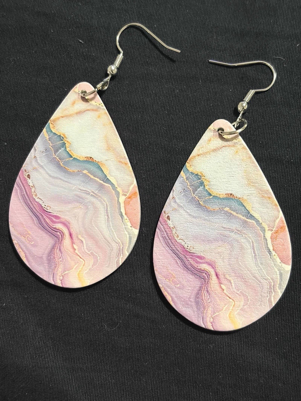 Pastel Marble Teardrop Dangle Earrings Pink Purple Gold Abstract Statement