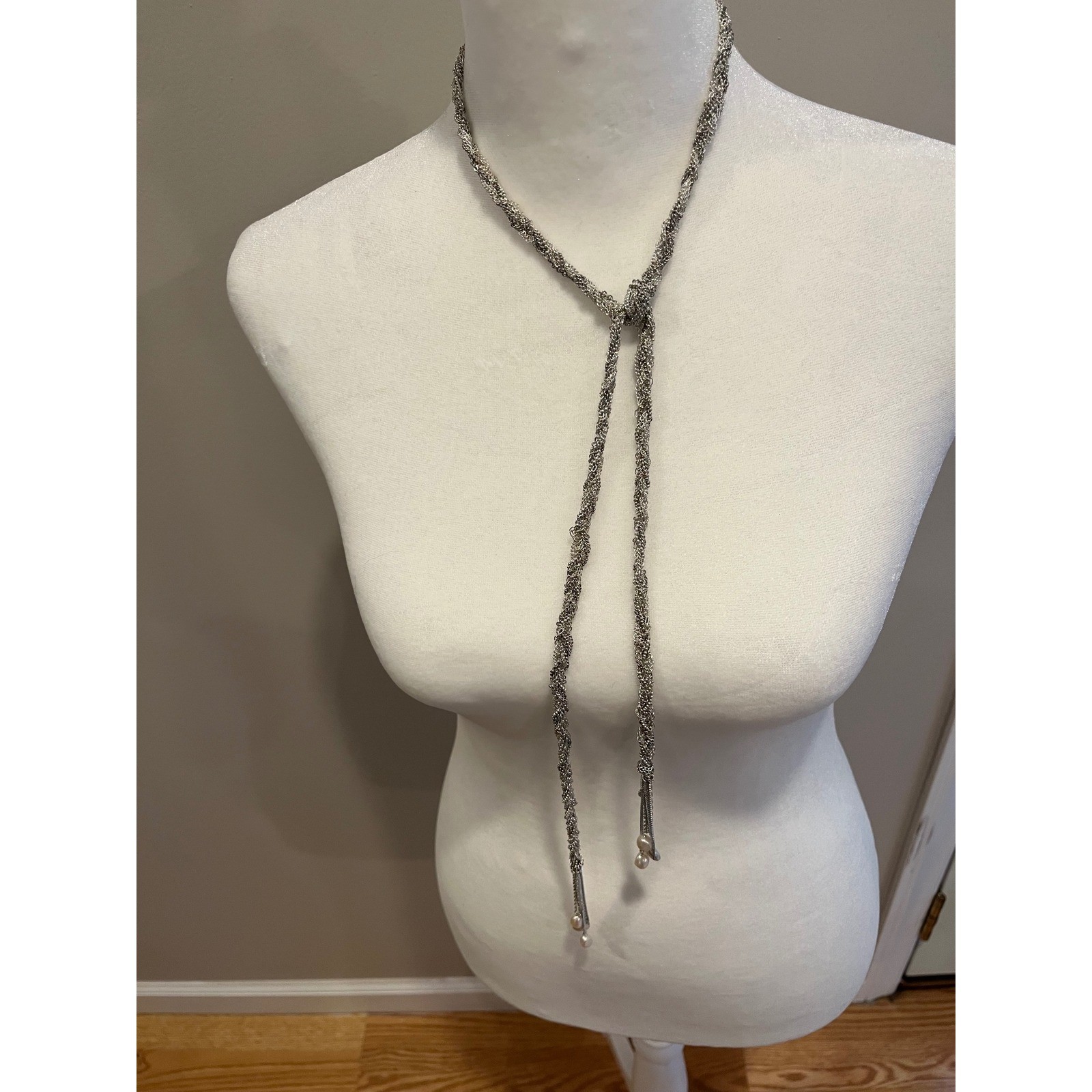 Stella and Dot Silver Braided Mesh Lariat Necklace with Freshwater Pearl Tassel