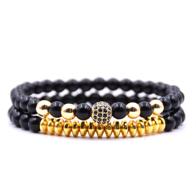 Couple Bracelets Micro Pave Zircon 6mm Bright Black Gemstone Beads Bracelets Set