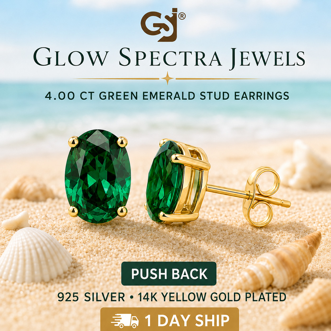 4 CT Ovel Solitaire Green Stud Erring Pus Back 925 Silver 14k Yellow Gold Plated