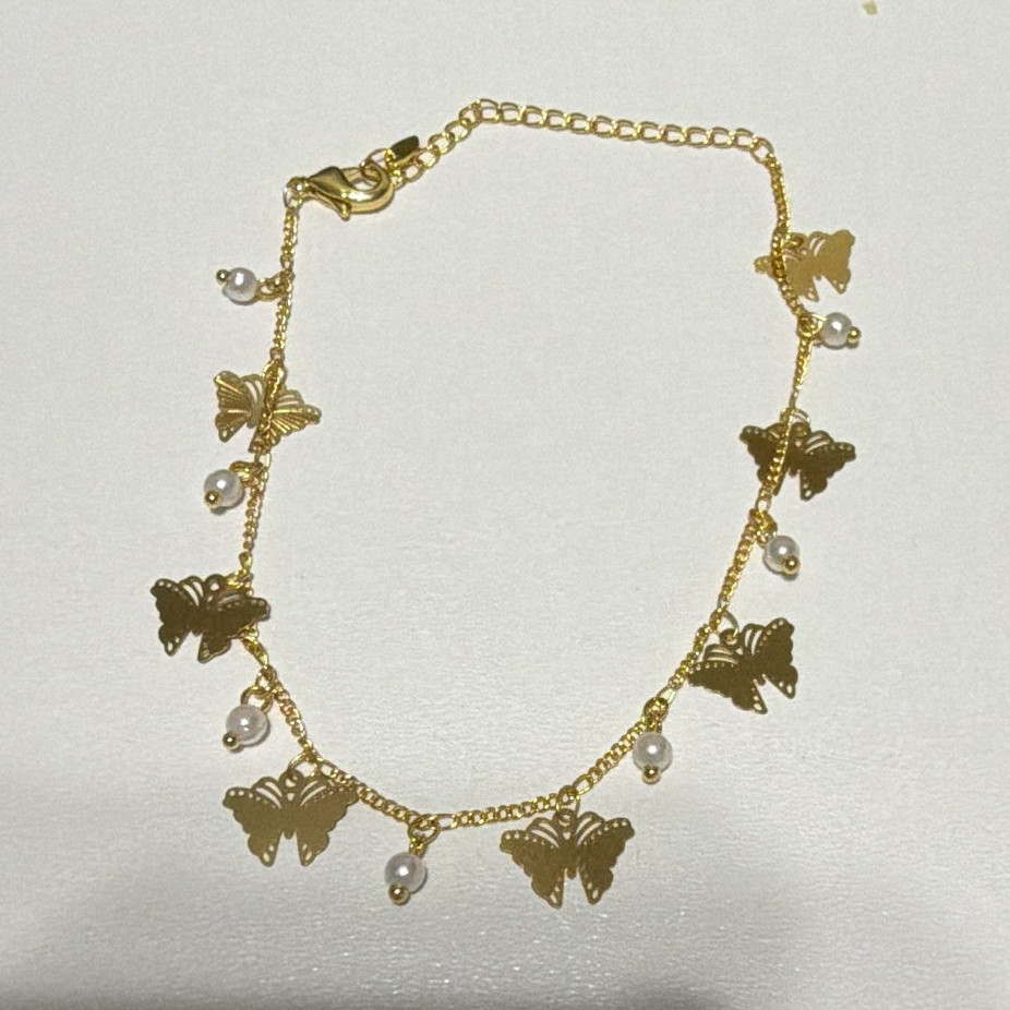 Gold Filled Butterfly Charm Anklet White Round Pearl Beads & Dangles