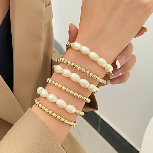 Gold Pearl Beaded Enewton Bracelets for Women,gold Pearl Stackable Stretch Be…
