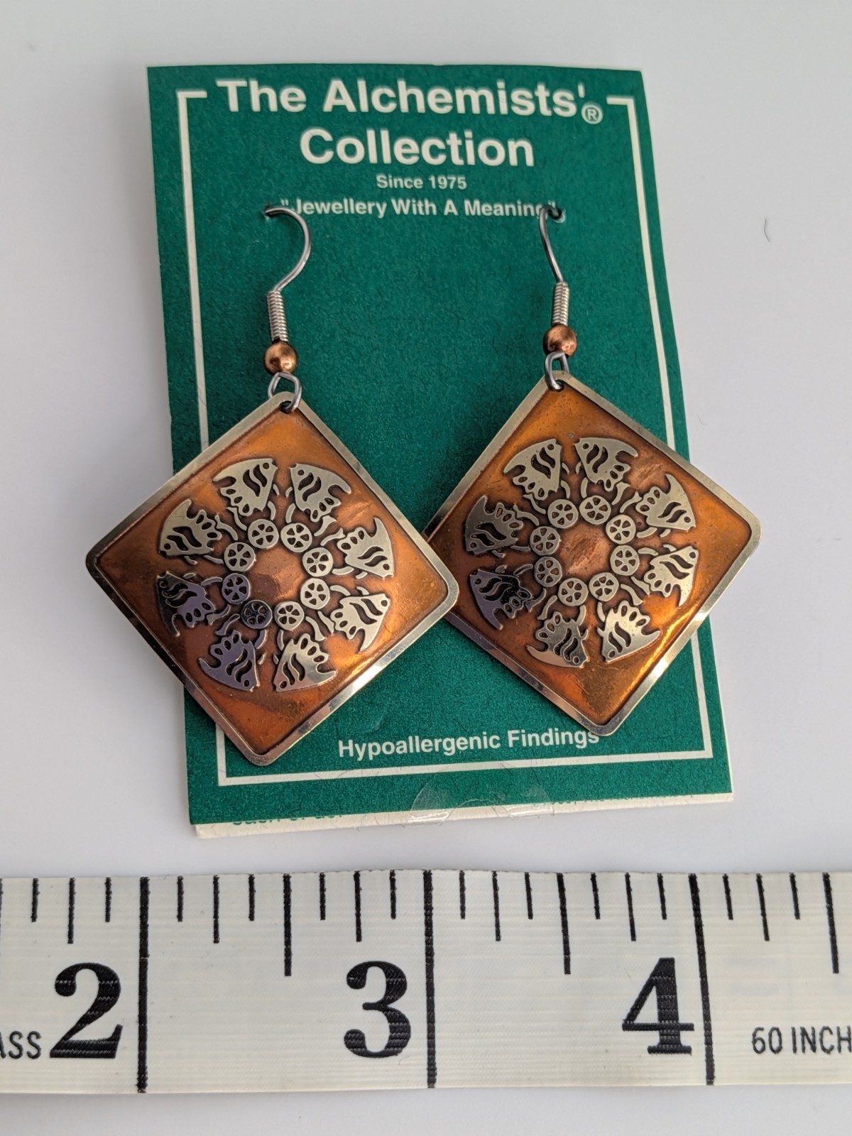Alchemists’ Collection Square Fish Hawaiian Quilt Hook Earrings Copper/Silver