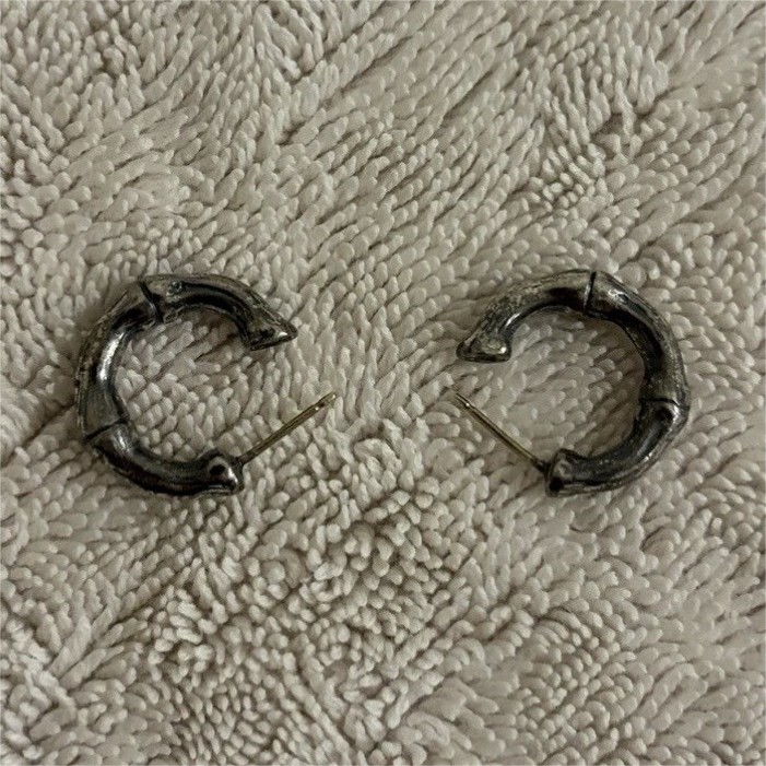 Silver Tone Bamboo Style Hoop Earrings Textured Small Vintage Look Good Cond