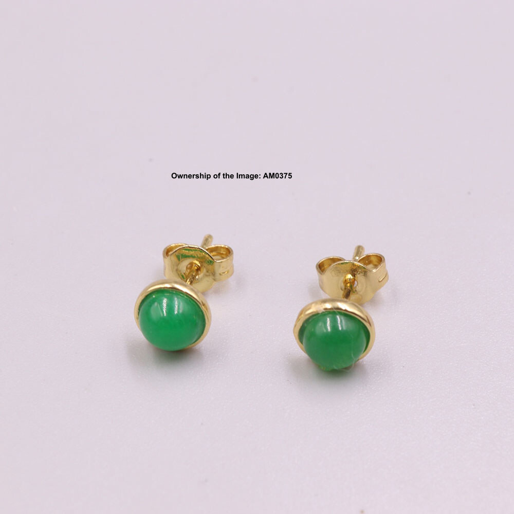 Handmade Green Jade 6mm Round Earrings Stud Elegant Gold Plated GP Earrings
