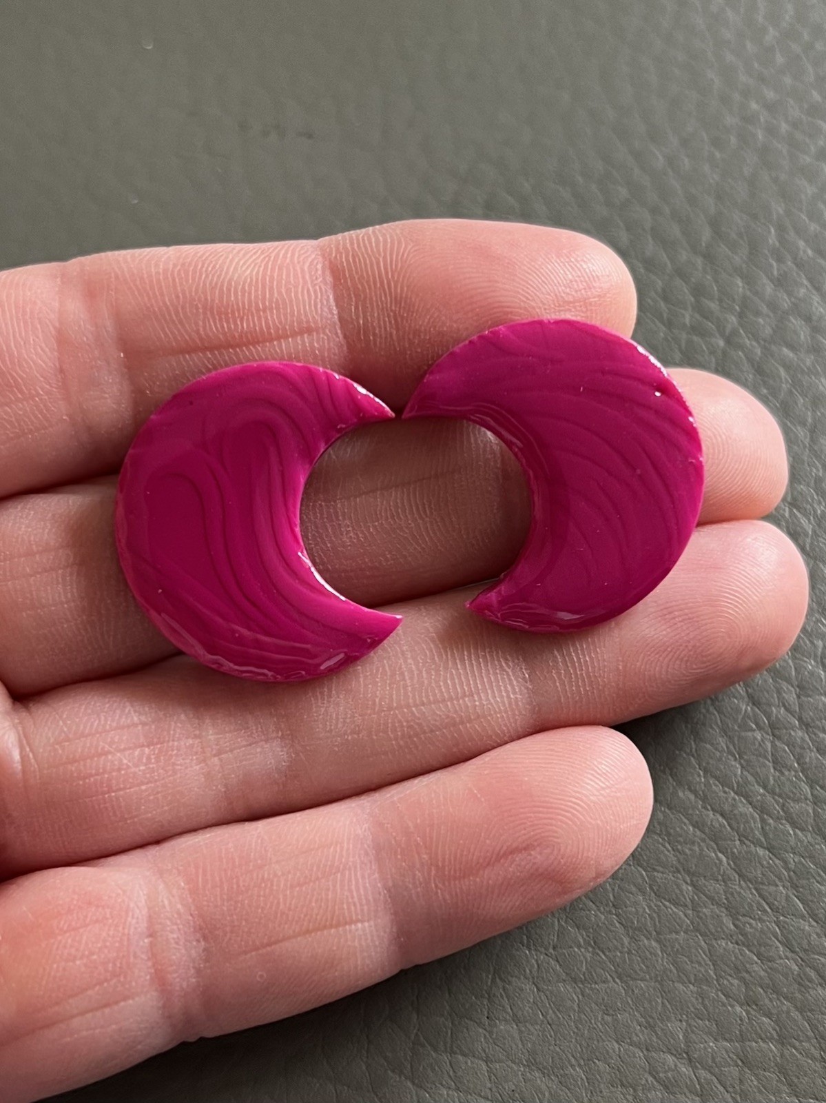 Handmade Magenta Crescent Moon Polymer Clay Studs Resin-Coated Ultra Lightweight