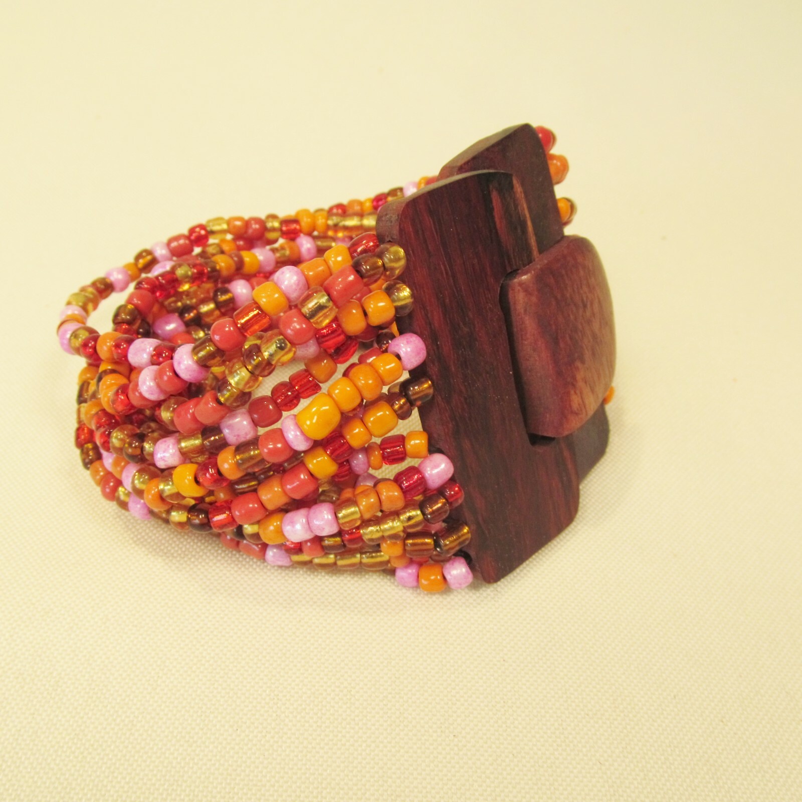 Orange Pink Gold Handmade Beaded Stretch Wood Buckle Seed Bead Bali Bracelet
