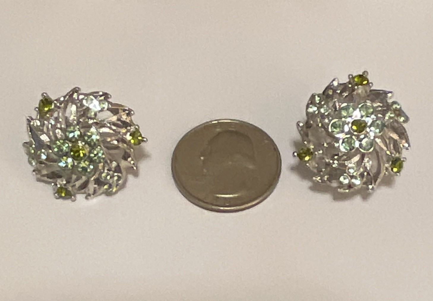 Silver Tone Clear & Green Crystal Rhinestone Cluster Stud Earrings Butterfly