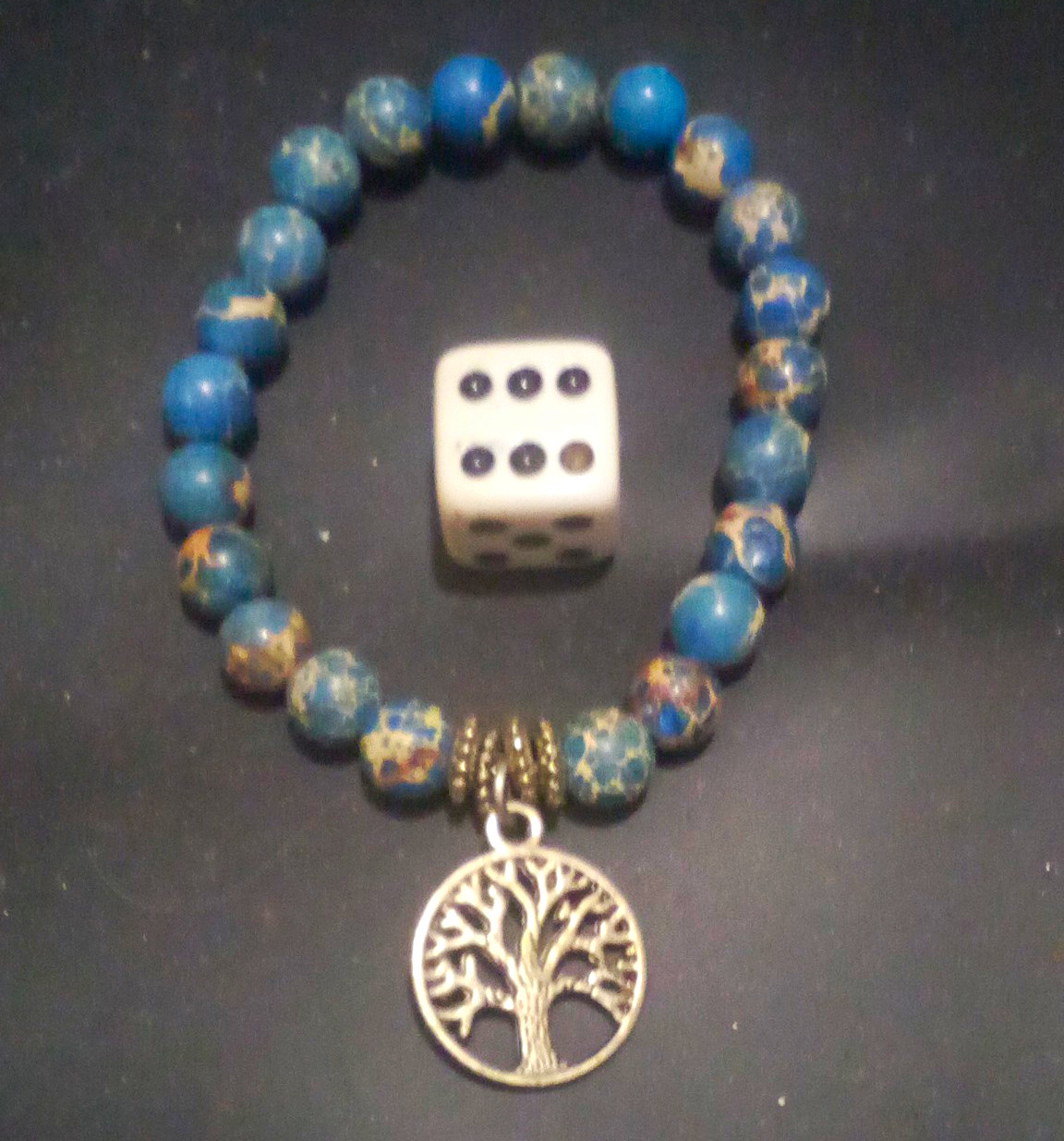 Blue Beaded Stretch Bracelet Tree of Life Dangle Charm, Stone & Metal