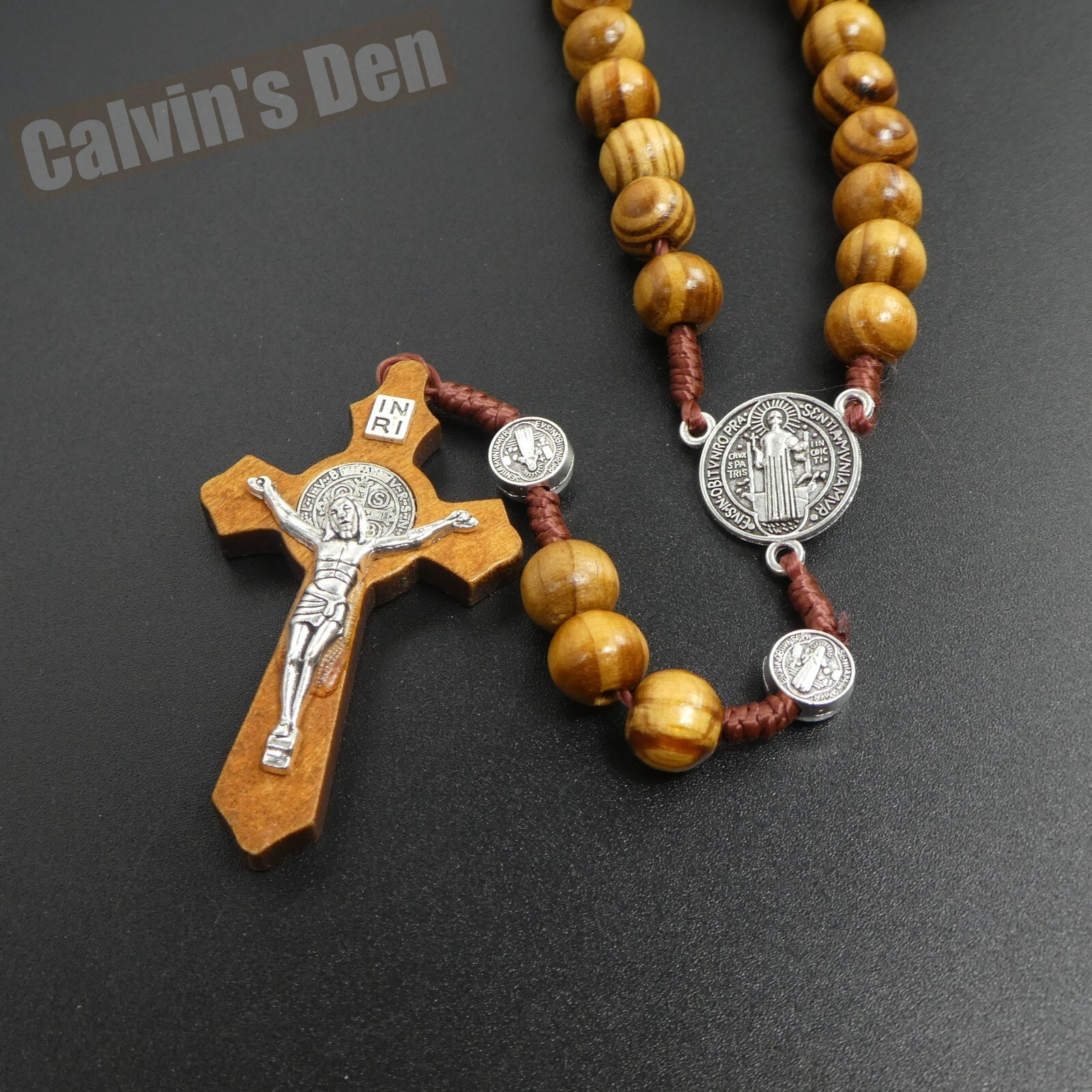 St Benedict Rosary Necklace Dark Wood Bead Five Decade Crucifix Cross Men Gift
