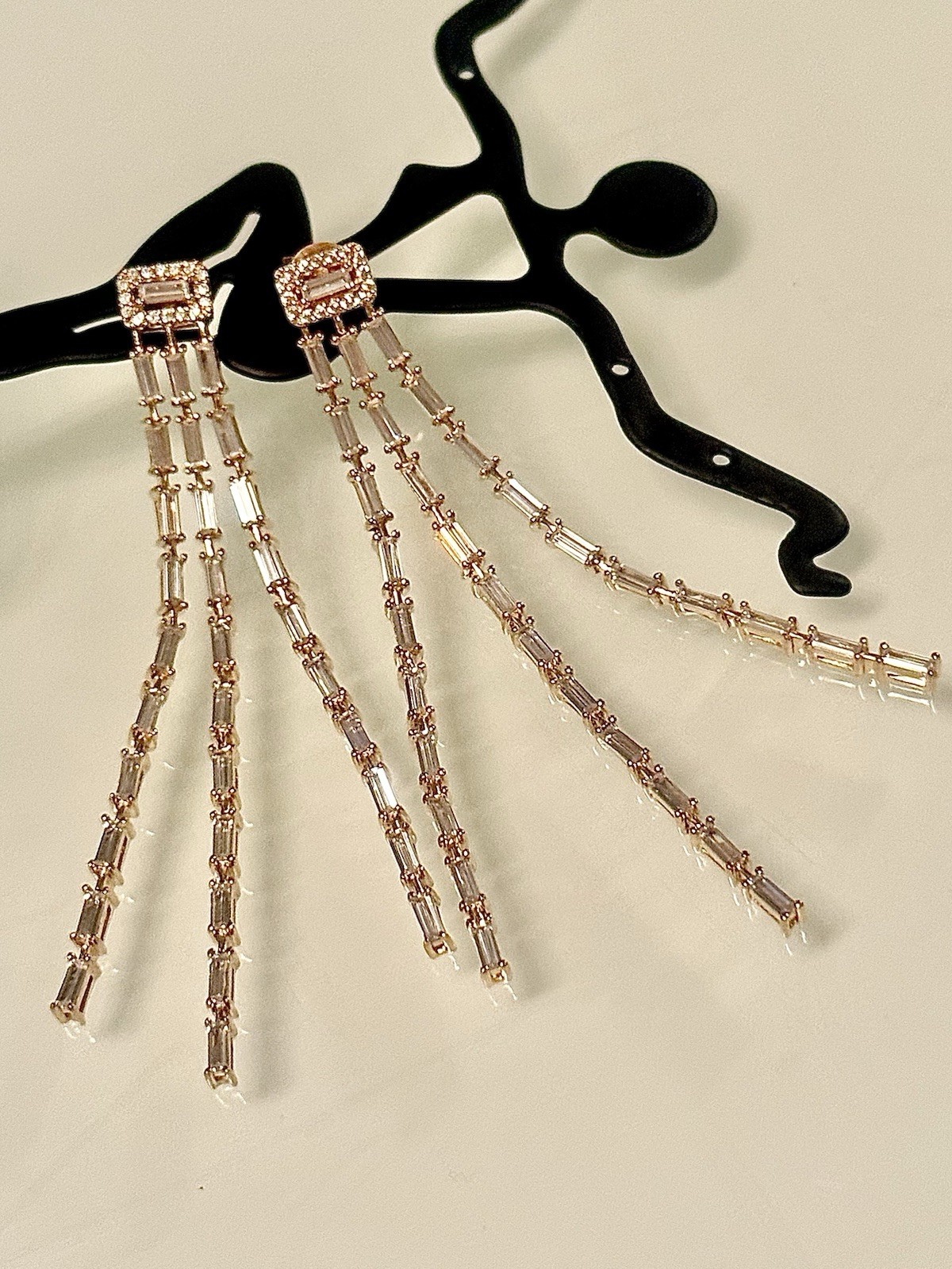 JCM 925SS/GOLD VERMEIL~ BAGUETTE CUBIC ZIRCONIA 2.75” DROP DANGLE EARRINGS NIB*