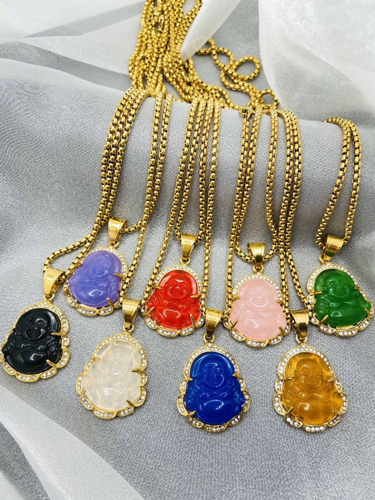 Jade Buddha Pendant Necklace W/ 18K Gold Plated Crystal Charm Hip Hop Chain