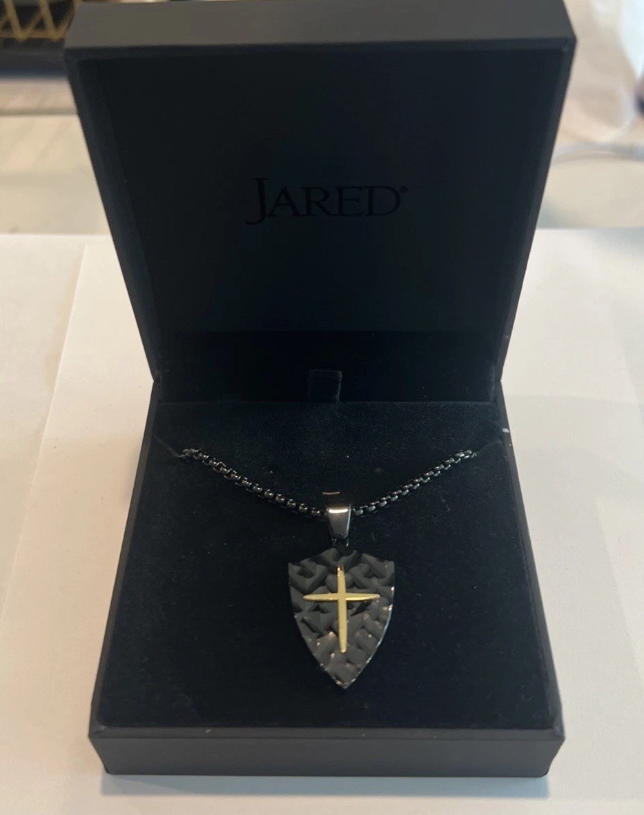 Hammered Shield & Cross Necklace Black & Yellow Ion-Plated Stainless Steel 24″