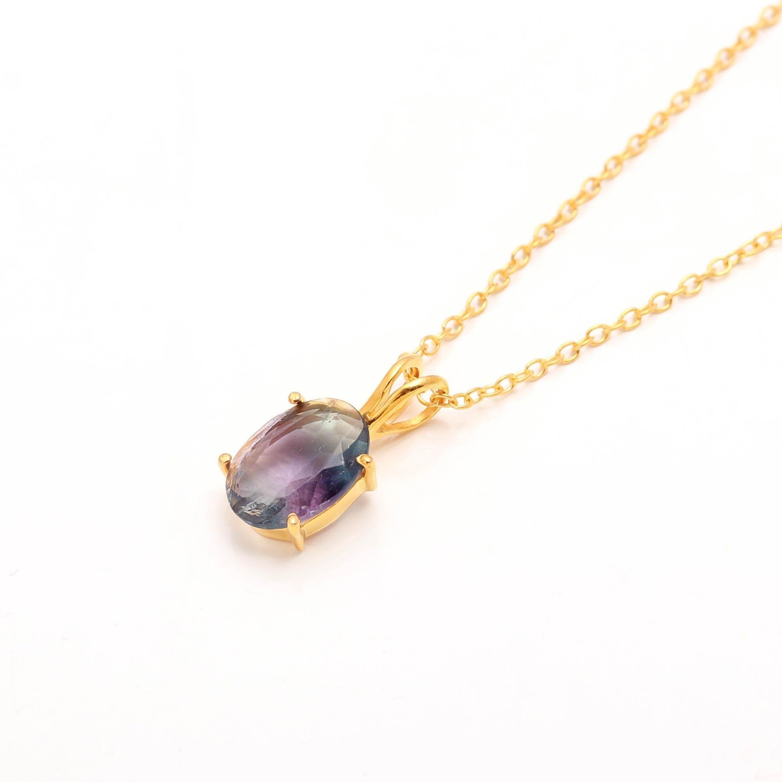 Natural Fluorite Oval Chain Pendant Gold Fill 925 Sterling Silver Unique Jewelry