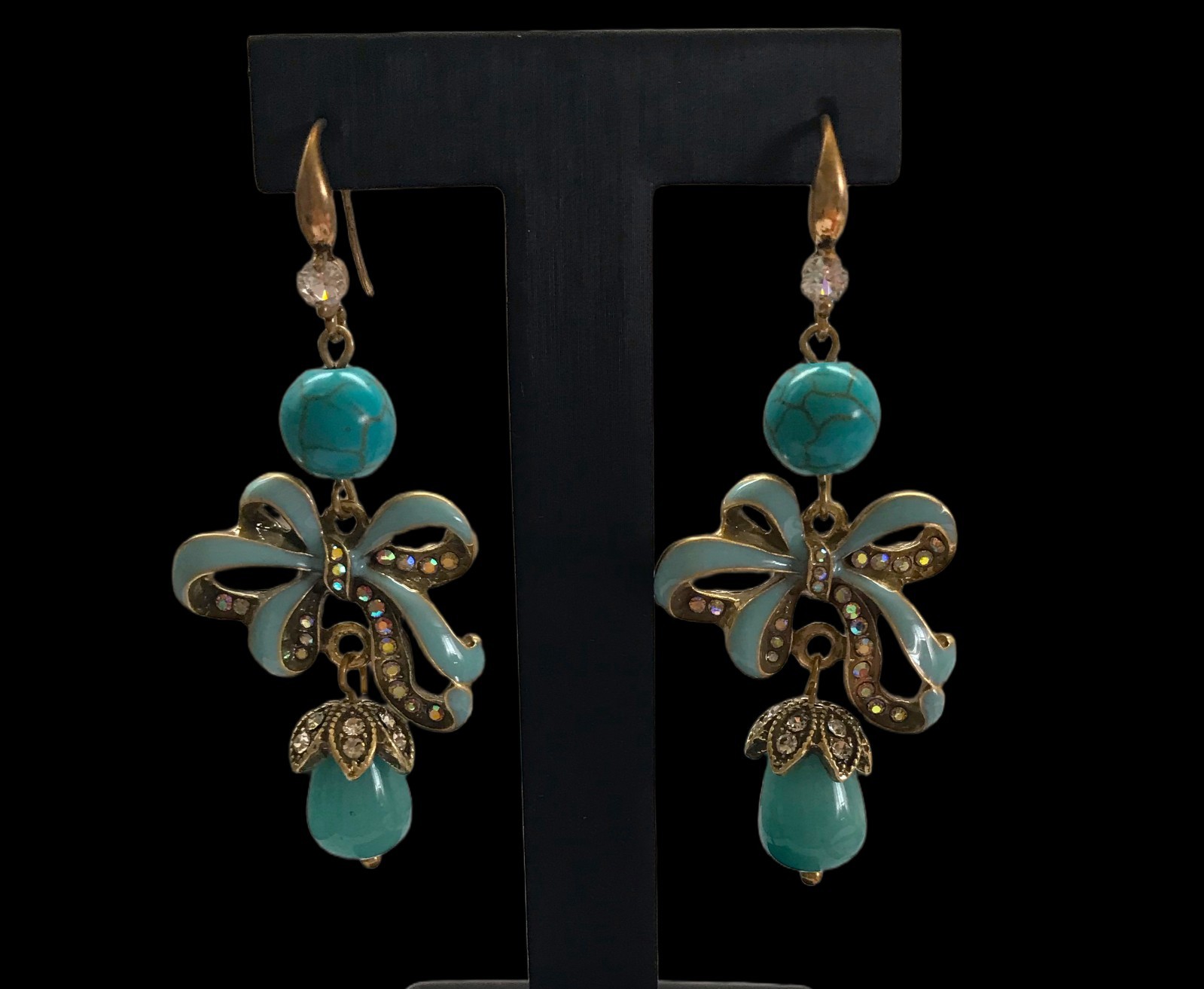 Vintage Style Bow Turquoise Blue Enamel Rhinestones Dangle Earrings