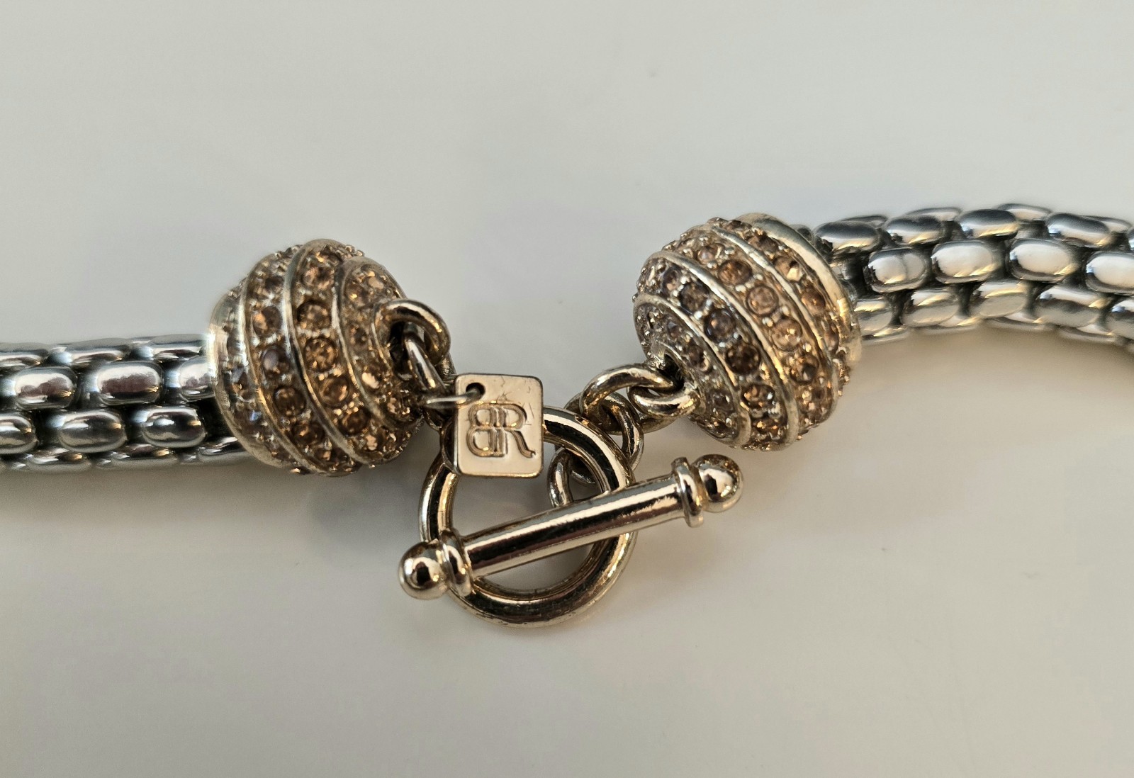 Banana Republic Silver Tone Mesh Necklace Gold And Rhinestones 17″ Toggle Clasp