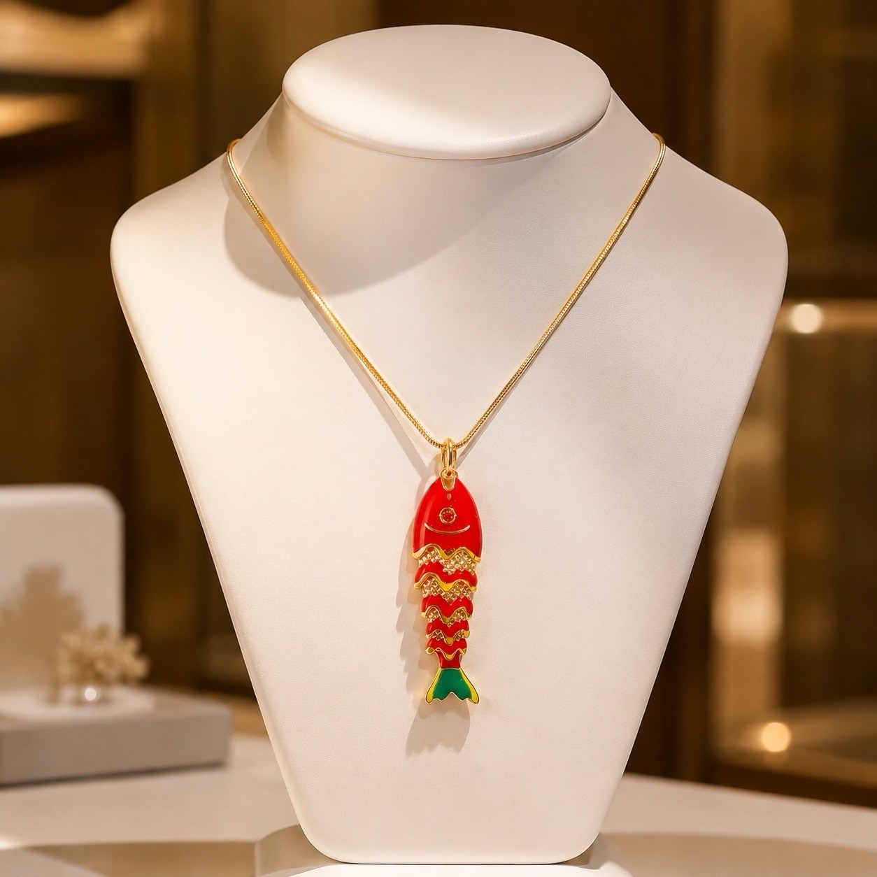 14k Gold Plated Enamel Red Fish Animal Charm Pendant Necklace on Cable Chain