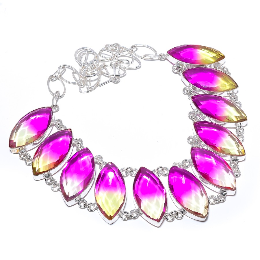 Bi-Colour Tourmaline Solid Gemstone 925 Silver Plated Necklace 17.99″ T96
