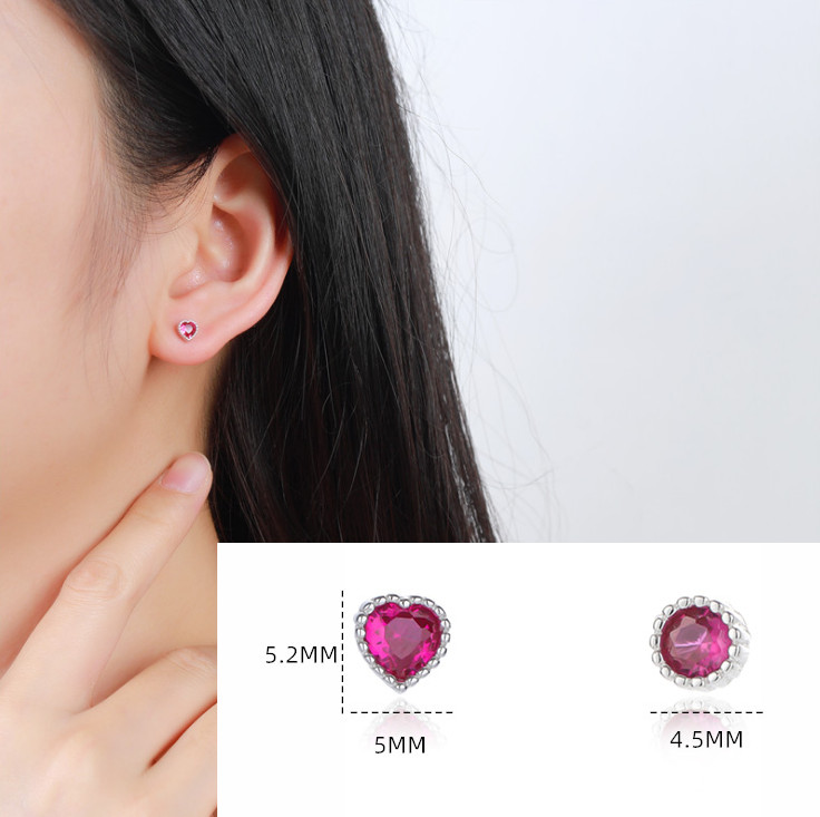 Heart Round Red CZ Solitaire Stud Earrings Ruby Solid Sterling Silver Set Box C2