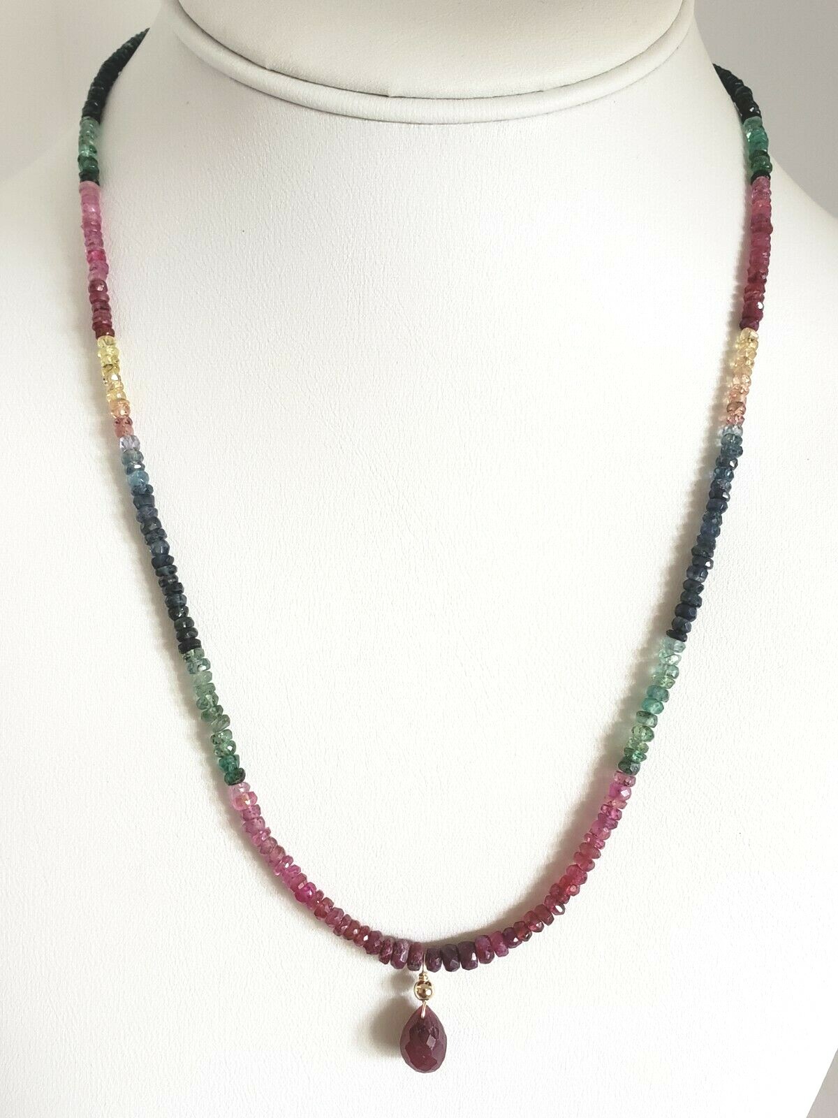 14k Yellow Gold Ruby Briolette, Sapphire, Emerald Beaded Necklace 18″