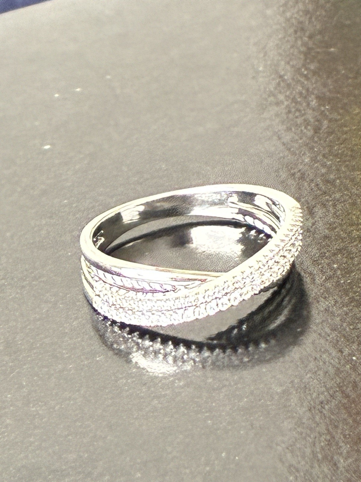 White Gold Plated Pavé Crisscross Band Ring Clear Round Stones Sz 10