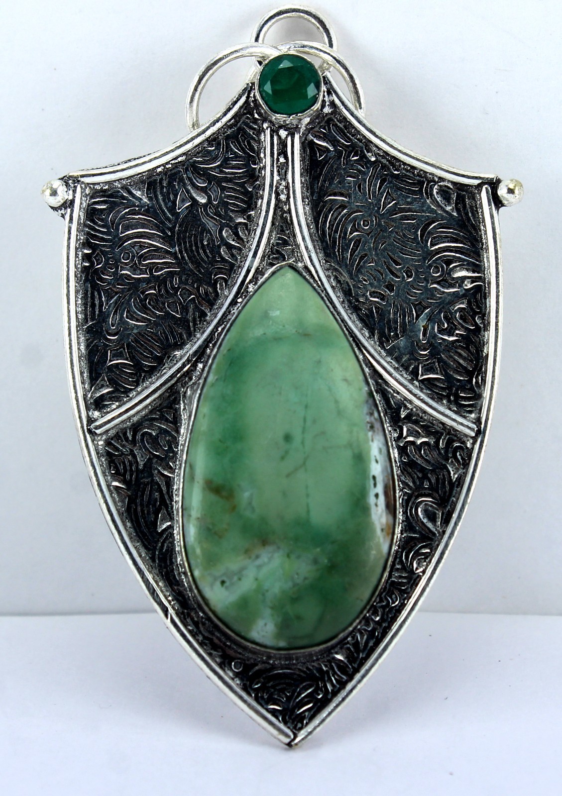 Green Jade Style Gemstone Pendant Ornate Silver Tone Shield Boho Tribal Artisan