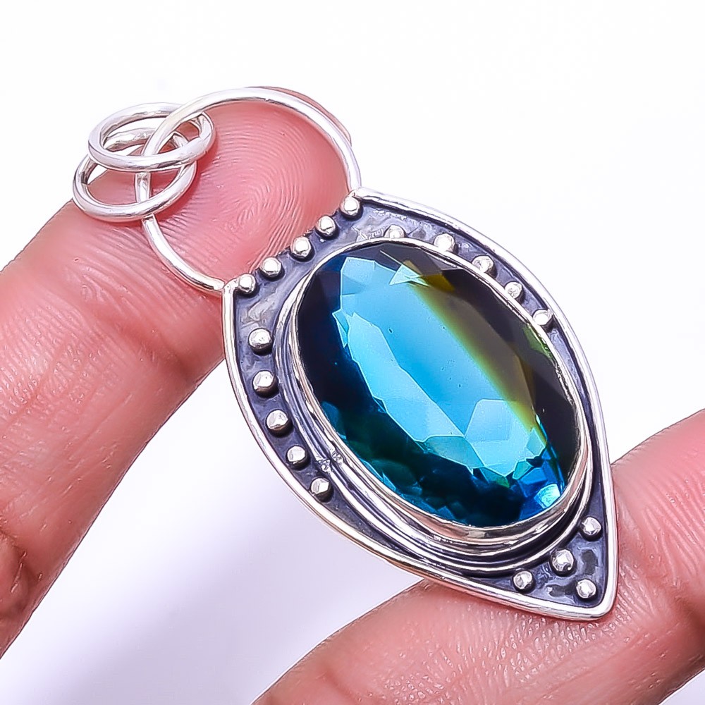 Bi-Colour Tourmaline Designer Handmade 925 Sterling Silver Pendant 2.34″ P44