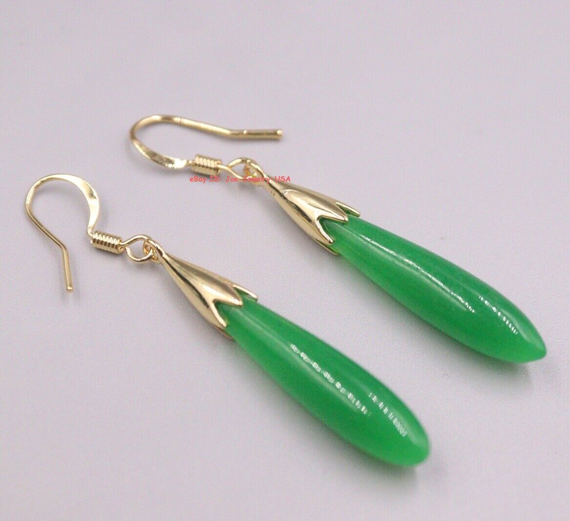 New Gold Plated Heated Green Jade Long Charm Dangle Earrings 2.04inch L