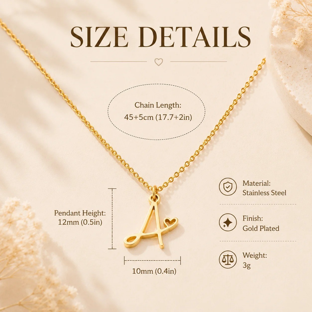 Gold Heart Initial Necklace Personalized A-Z Letter Stainless Steel Pendant