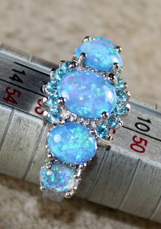 SILVER Elegant Blue Fire Opal & Sky Blue Topaz Ring Size 6, WR41603
