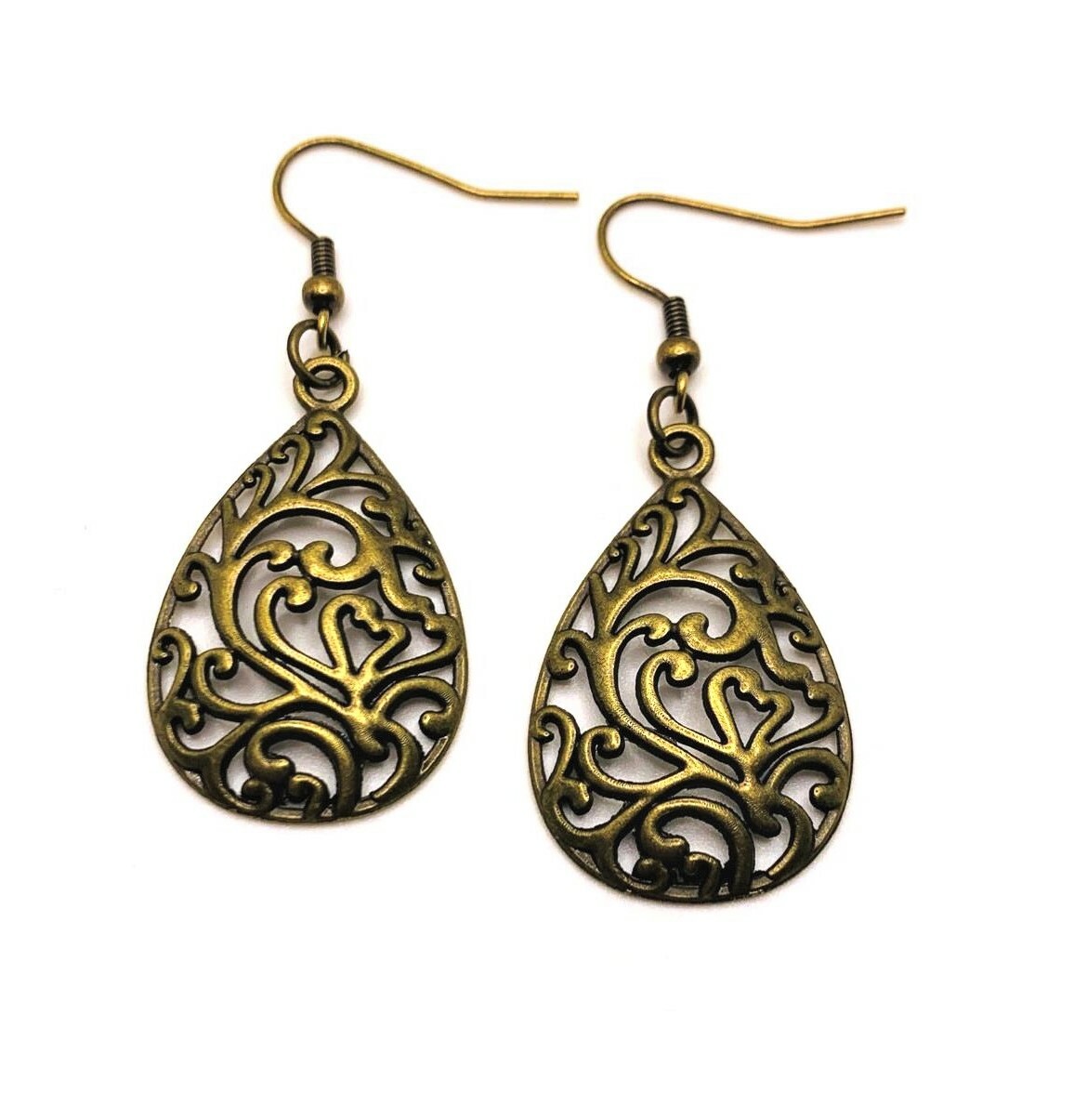 Bronze Filigree Teardrop Light weight Earrings, Handmade – US Seller