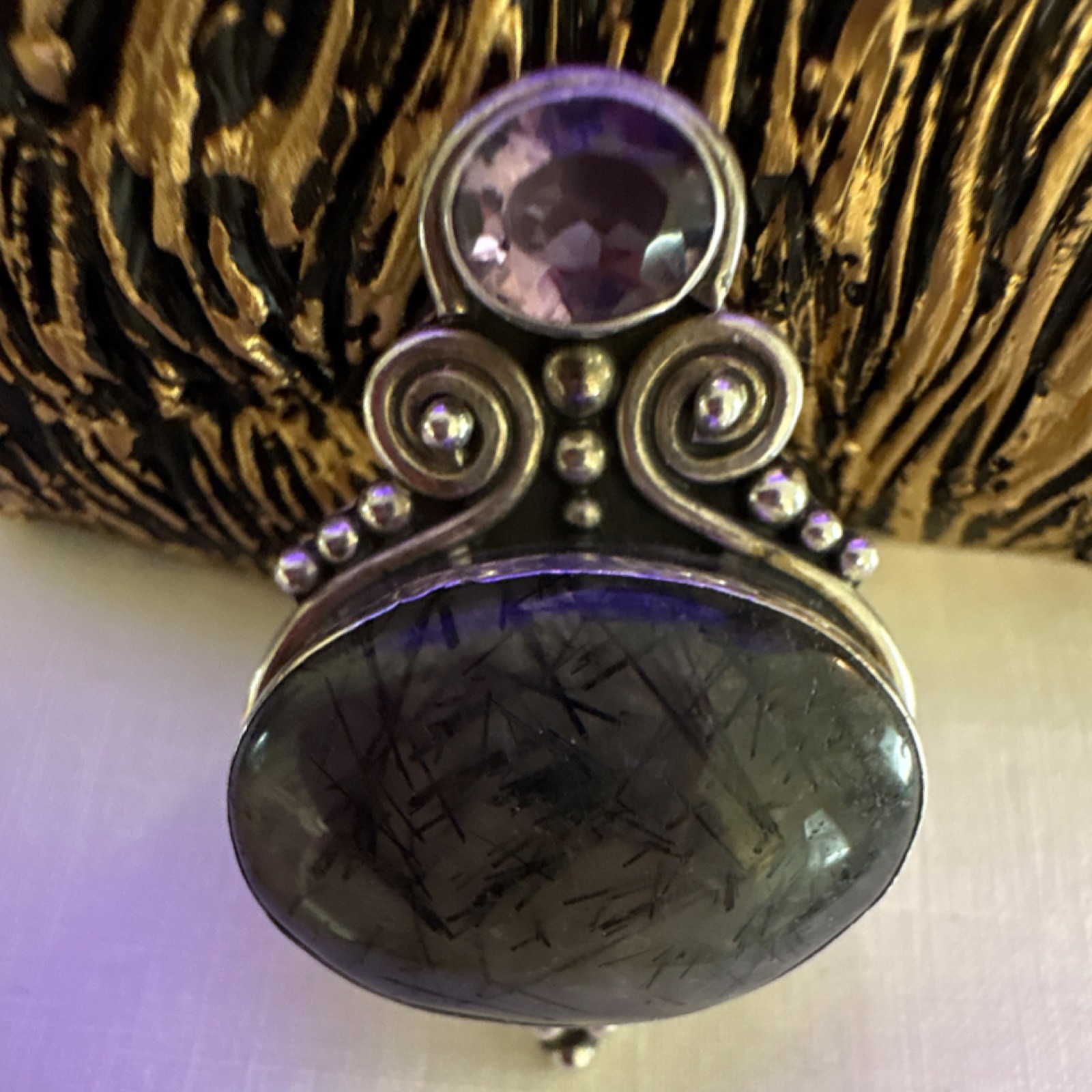 Silver Oval Rutilated Quartz & Amethyst Pendant Black Purple Stone