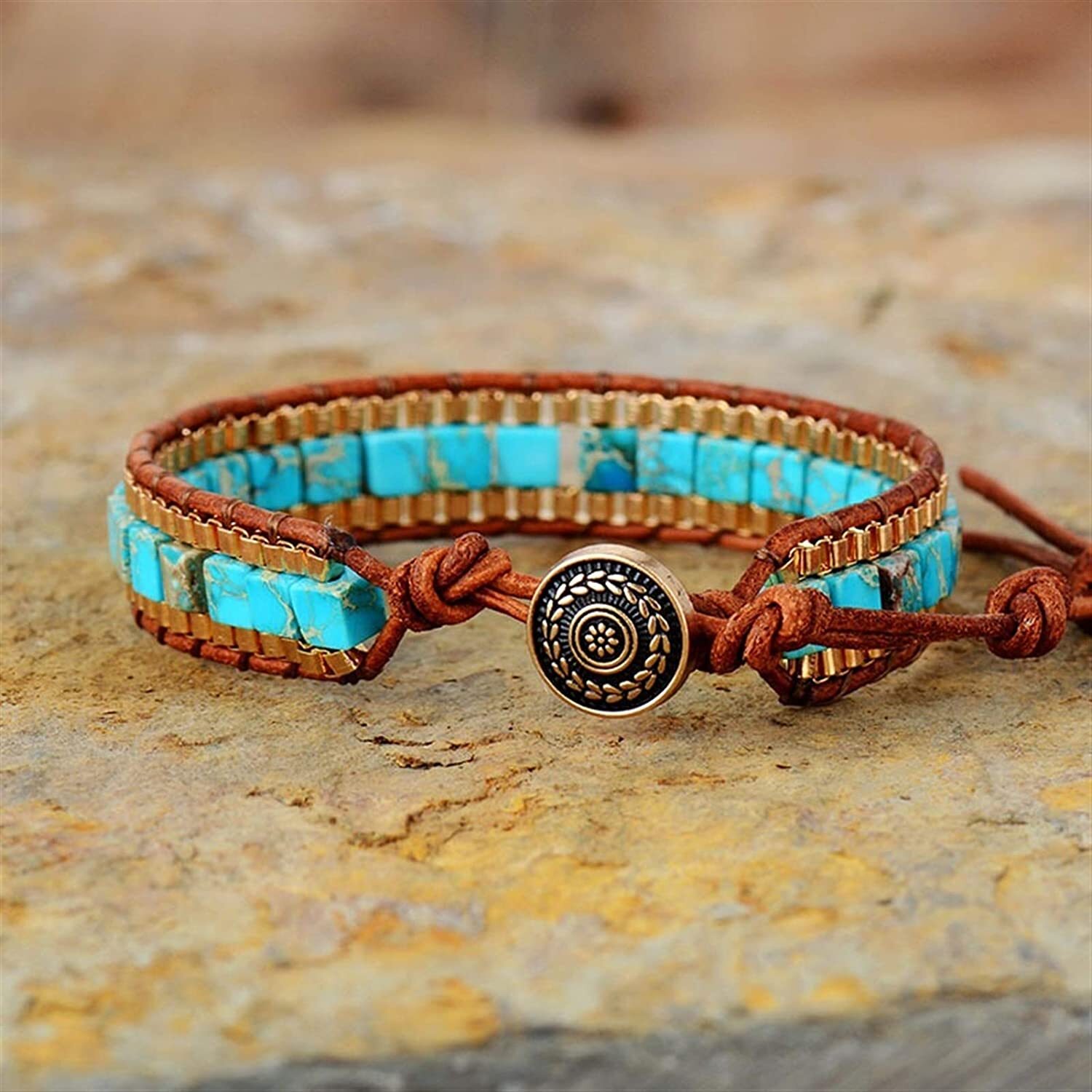 Natural Turquoise Jasper Leather Braided Wrap Bracelet for Protection Healing