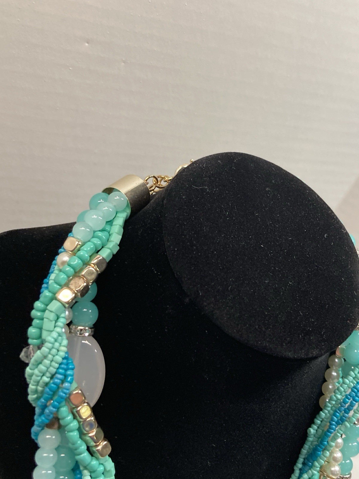 Multi-Strand Statement Necklace Aqua Teal White Beads Gold Tone 19-22″