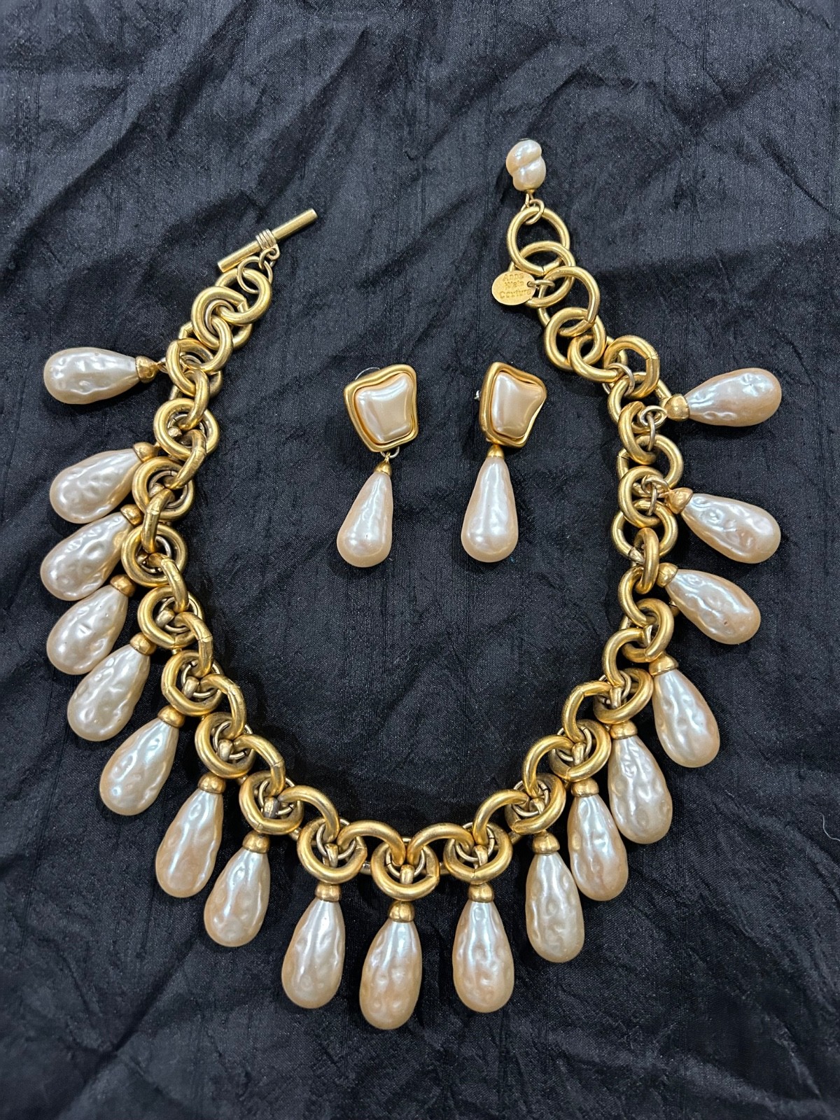 Anne Klein Couture Pearl Matte Gold Necklace and Earrings late 80’s early 1990’s