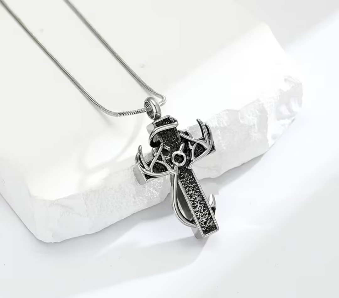 Cremation Jewelry Cylinder Urn Cross Stainless Necklace Pendant for Ashes Hunter