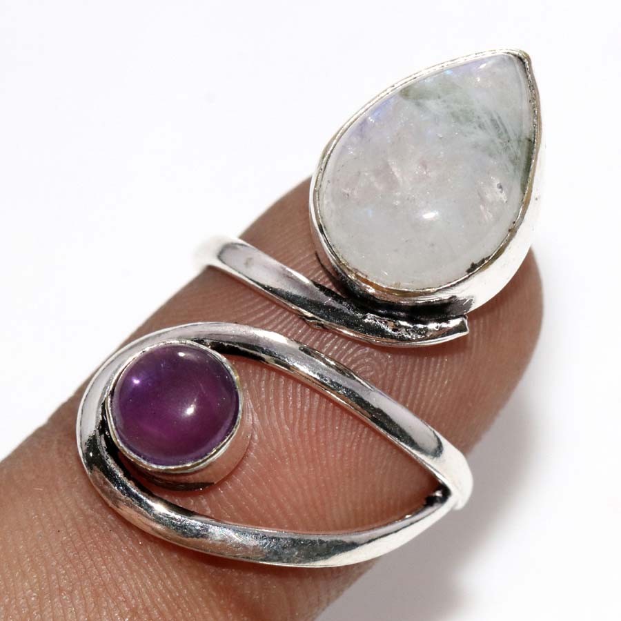 925 Silver Plated Decent Rainbow Moonstone Natural Amethyst Ring US FreeSize JW