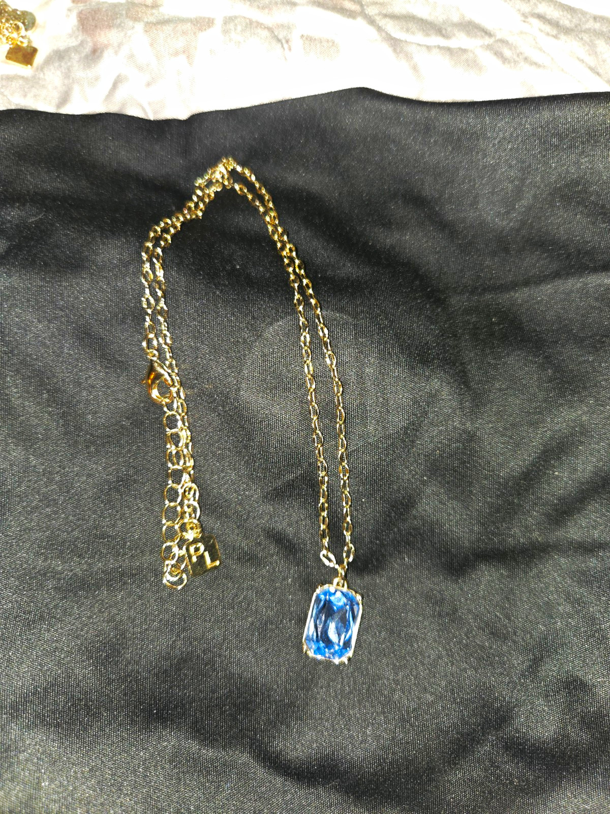 Gold Tone Rectangle Blue Crystal Pendant Necklace, Adjustable Cable Chain