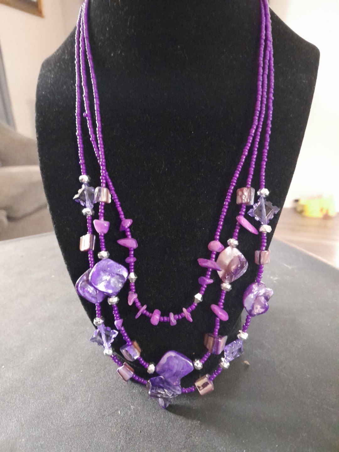 Purple Beaded And Dye Shell Three Strands Necklace